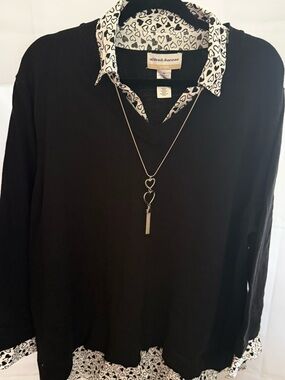 Alfred Dunner Black Sweater with white and black hearts- necklace - size 2 X